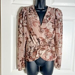 Express Shirt Women Small Pink Faux Wrap Floral Peplum Gold Accent Whimsey Top